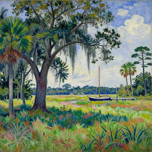 Neo-Impressionist Marsh Landscape with Sailboat