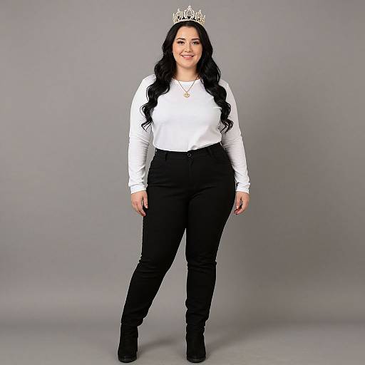 Photograph of a smiling woman with long black hair, wearing a white long-sleeve shirt, black pants, black boots, and a silver ti