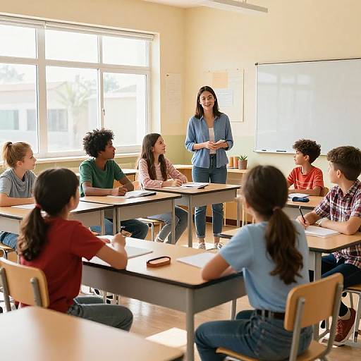 Photograph of a diverse group of six high school students attentively listening to a female teacher standing at the front of a brightly lit classroom.