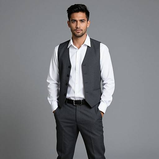 Photograph of a handsome, dark-haired man with a trimmed beard, wearing a white shirt, black vest, and black pants, hands in pockets,