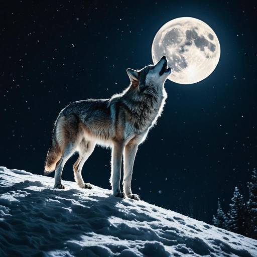 Wolf Howling at Full Moon on Snowy Hill