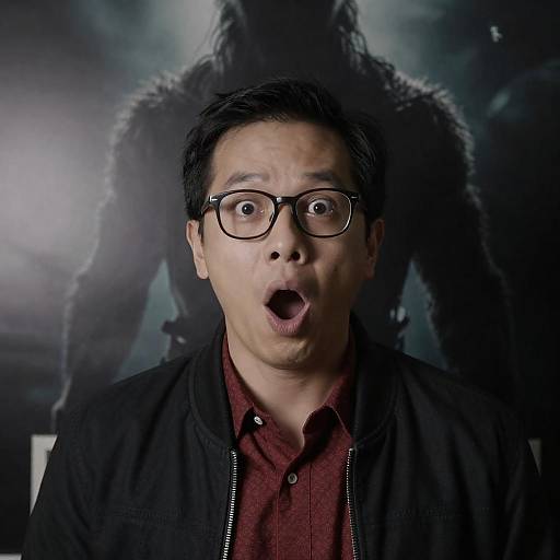 Surprised Man with Shadowy Creature Background