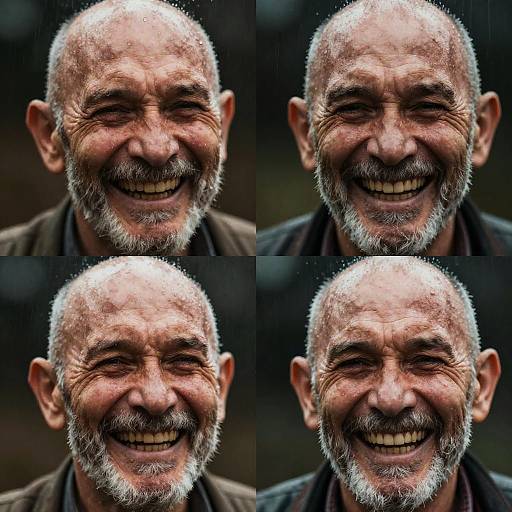 Photograph collage of four close-ups of an elderly man with a bald head, white beard, and wide, joyful smile against a dark background. High