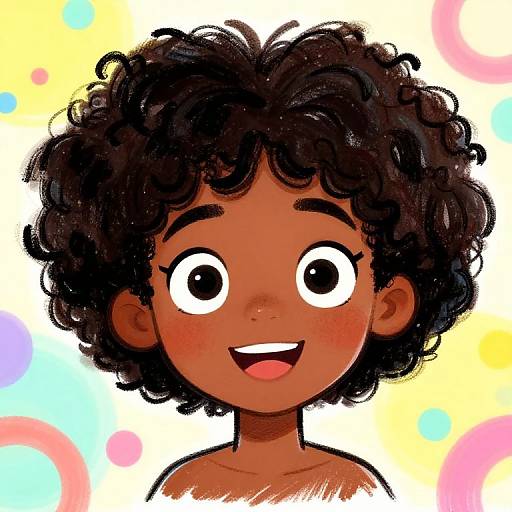 Digital cartoon of a happy black girl with curly hair, wide eyes, and open mouth, set against a colorful background of pastel circles.
