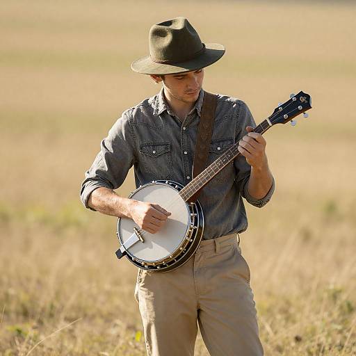 Young Man Playing Banjo in Sunlit Field