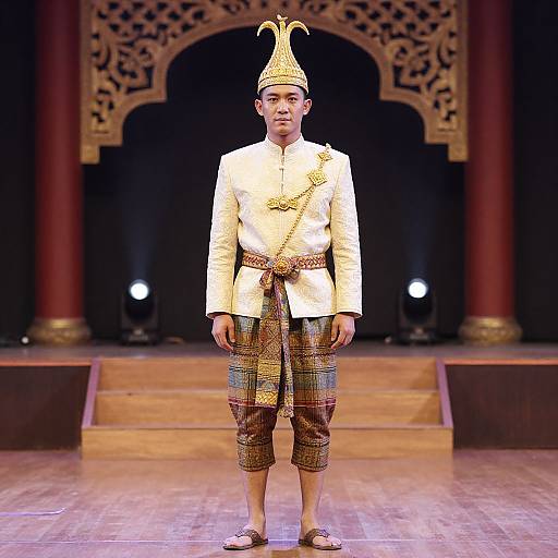 Photograph of a male performer standing on stage, wearing a gold headpiece, white embroidered jacket, patterned brown pants, and sandals, against an
