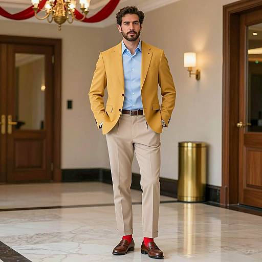 Confident Man in Mustard Blazer and Red Socks Indoors
