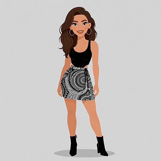 Digital illustration of a confident woman with long brown hair, wearing a black tank top, black and white patterned skirt, black ankle boots, and large
