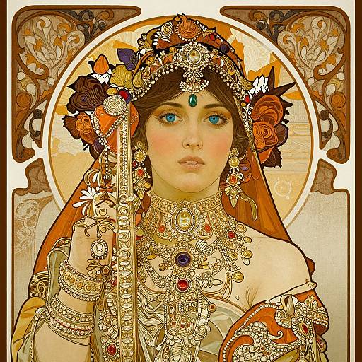Digital illustration of an ornately adorned, fair-skinned woman with blue eyes, wearing elaborate gold jewelry, colorful floral headpiece, and orange veil,