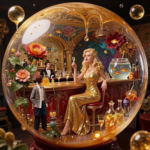 Photograph of a golden, ornate snow globe featuring a blonde woman in a sparkling gold dress, holding a champagne flute, seated at a bar with