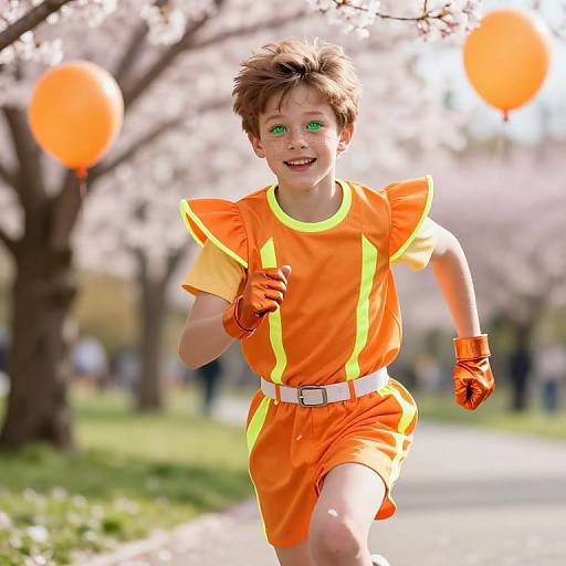 Photograph of a smiling, young boy with green eyes, brown hair, wearing an orange superhero outfit with yellow accents, running in a sunlit park