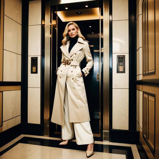 Fashion Model in Beige Trench Coat in Art Deco Elevator Lobby
