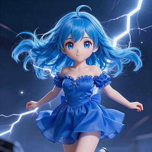 Digital anime-style drawing of a blue-haired girl with large blue eyes, wearing a blue off-shoulder dress, surrounded by electric lightning in a dark
