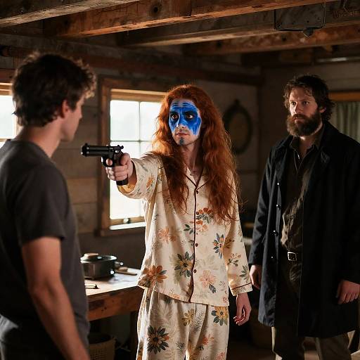 Three Men in a Rustic Cabin Scene