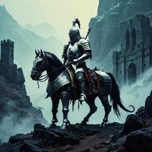 Armored Knight on Horse in Foggy Mountain Pass