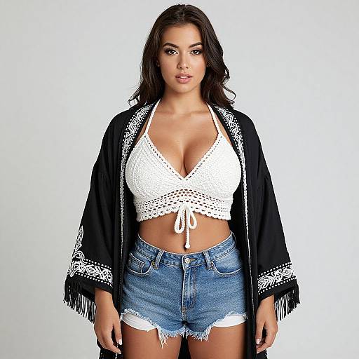 Photograph of a curvy woman with long dark hair, wearing a white crochet crop top, denim shorts, and a black fringe shawl, standing