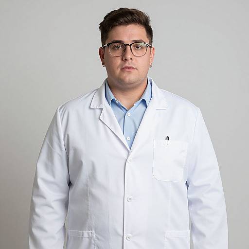 Photograph of a middle-aged, Caucasian man with short brown hair, glasses, wearing a white lab coat over a light blue shirt, standing against a