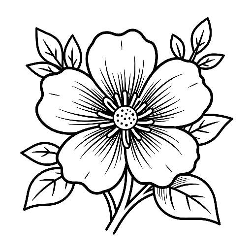 Black and white line drawing of a detailed, symmetrical flower with six petals and multiple leaves, showcasing bold, thick outlines and fine, radiating lines