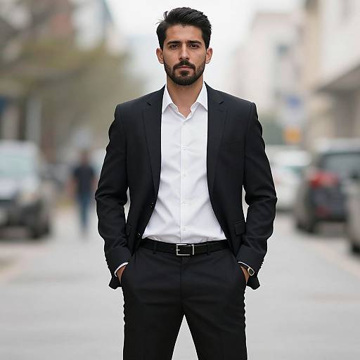 Photograph of a handsome, bearded man with dark hair, wearing a black suit, white shirt, and black pants, standing confidently on a blurred