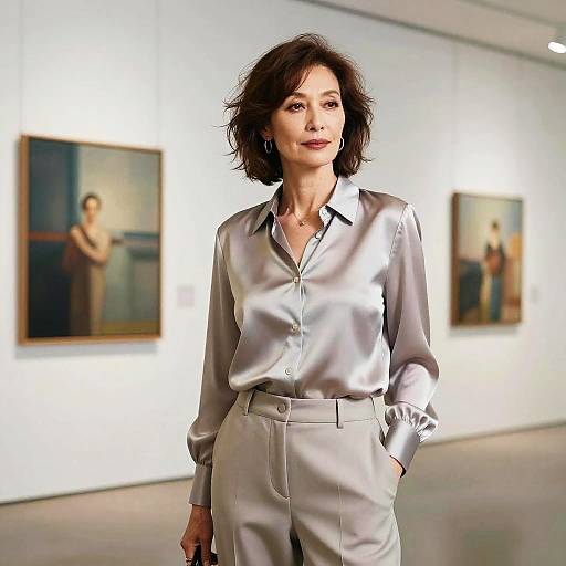 Photograph of a middle-aged woman with short brown hair, wearing a silver satin blouse and light gray pants, standing in an art gallery with two blurred