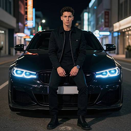 Photograph of a handsome, dark-haired man in black clothing, sitting confidently in front of a sleek, black, LED-lit sports car in a