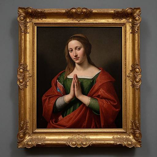 Photograph of a classical painting in an ornate, gold, Baroque-style frame, depicting a serene, brown-haired woman in green and red robes