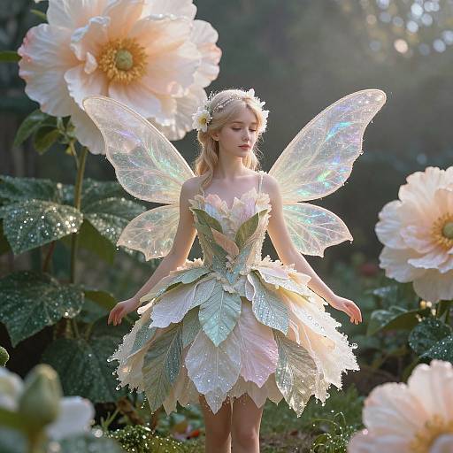 Photograph of a fair-skinned fairy with delicate, iridescent wings and a leafy, petal dress, surrounded by large, glowing flowers