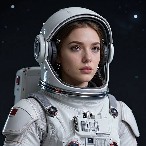 Photorealistic digital artwork of a young woman in a white astronaut suit with a clear helmet, set against a dark starry background.