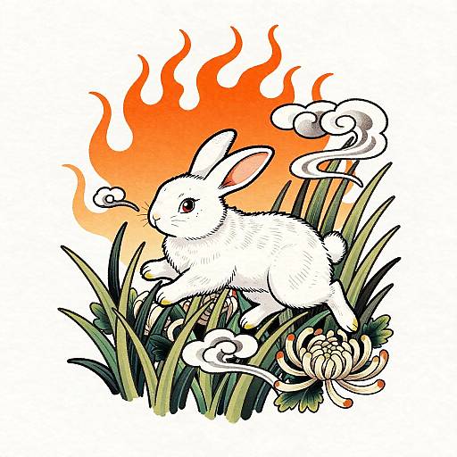 Colorful digital drawing of a white rabbit with pink ears standing on green grass, surrounded by flowers, with orange flames and white clouds in the background.