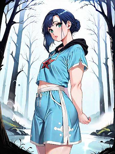 Anime Girl in Blue Athletic Outfit in Foggy Dark Forest