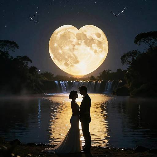 Photograph: Silhouetted bride and groom kiss by a luminous moon over a waterfall, reflected in a calm night sky with stars.