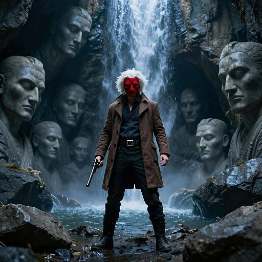 Mystical Cave Hero with Glowing Waterfall