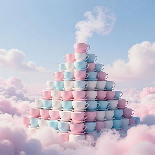 Digital artwork of a pyramid of pastel pink and blue cups, steaming, set against a bright blue sky with fluffy clouds.