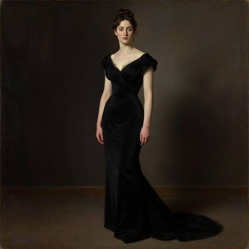 Photograph of a pale-skinned woman with dark hair in an elegant, black, off-shoulder evening gown, standing against a dark, minimalist