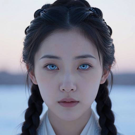 Photograph of a young East Asian woman with blue eyes, braided black hair, and pale skin, looking directly at the camera against a blurred,