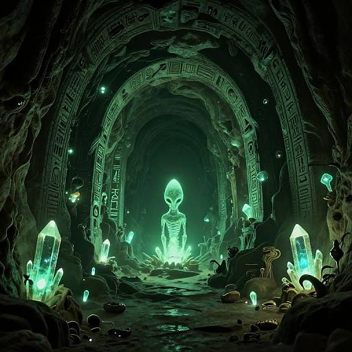 CGI image of a glowing, alien-like figure with a large head and small body, sitting in a dark, cavernous underground chamber with neon green