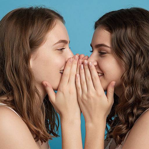 Photograph of two Caucasian women with brown hair, smiling and kissing cheeks, hands pressed together, against a bright blue background.