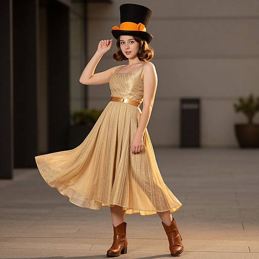 Photograph of a fair-skinned woman with short brown hair, wearing a gold pleated dress, brown boots, black top hat with orange ribbon,
