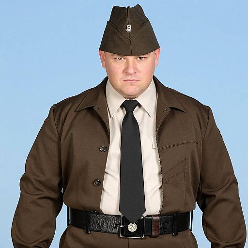 Photograph of a serious-faced man in a brown military-style uniform with black tie, hat, and belt, against a light blue background.