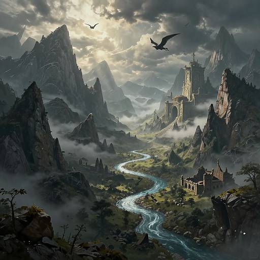 Fantasy digital painting of a misty mountain landscape with a winding river, ancient castle, and flying dragon under dramatic, cloudy skies.