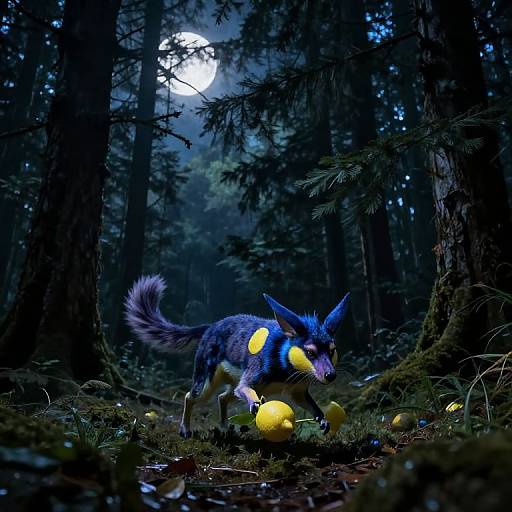 Digital artwork of a blue and yellow wolf with glowing yellow spots, chasing glowing mushrooms in a dark, moonlit forest.