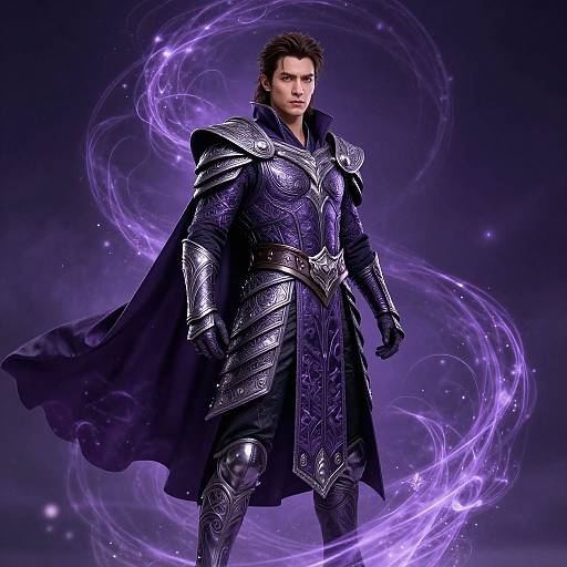 Digital artwork of a muscular, dark-haired man in ornate purple armor with swirling purple energy behind him, set against a dark, starry background.