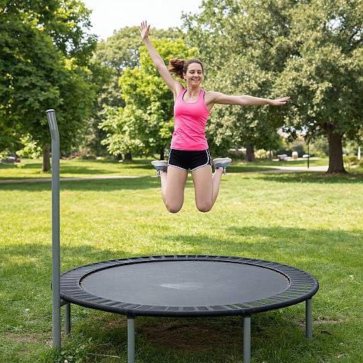 Photograph of a fit woman with fair skin, brown hair, wearing a pink tank top and black shorts, jumping on a trampoline in a sunny