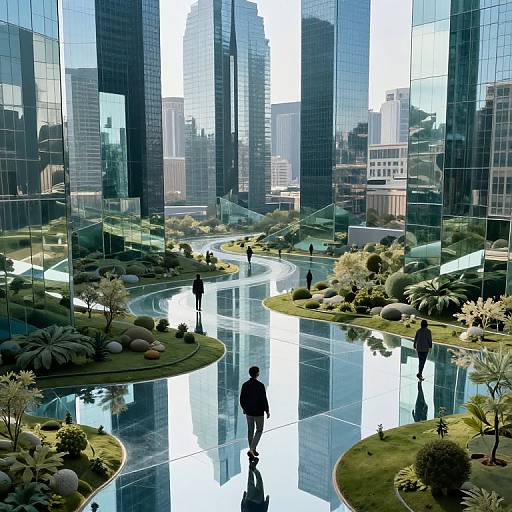Photorealistic CGI of a modern skyscraper lobby with reflective glass walls, featuring a serene indoor garden with walking figures and lush greenery.