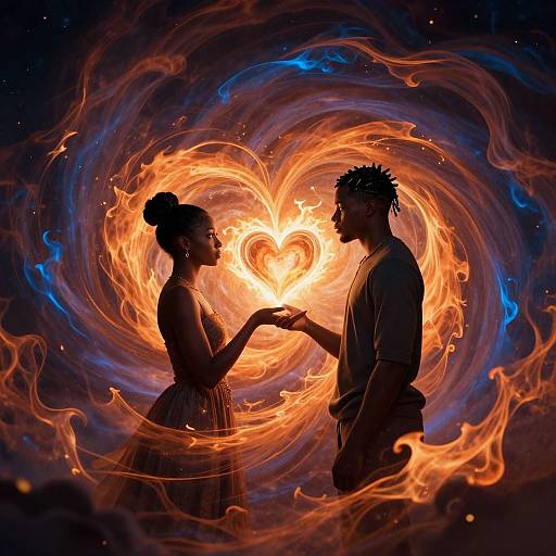 Digital artwork of a silhouetted black couple, man with dreadlocks, woman with bun, holding hands, surrounded by swirling, glowing, fiery