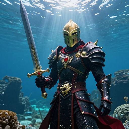 Underwater photograph of a knight in gold helmet and dark armor with red gem, holding a sword, surrounded by coral reefs. Sunlight beams through the