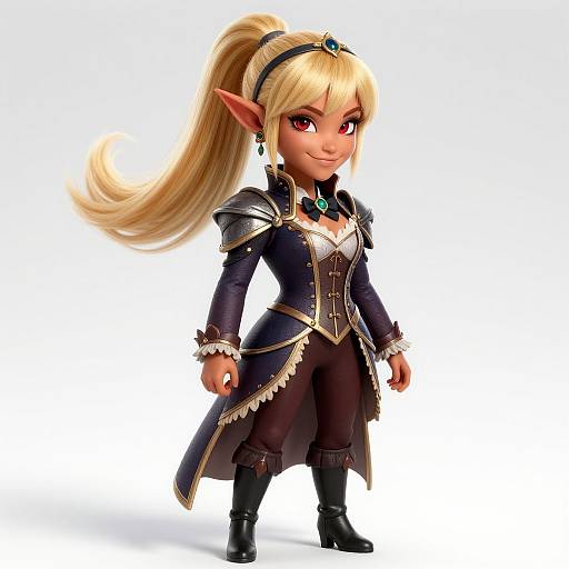 Digital CGI of a cute, blonde, elven girl with red eyes, long ponytail, wearing a dark blue, ornate, fantasy outfit with