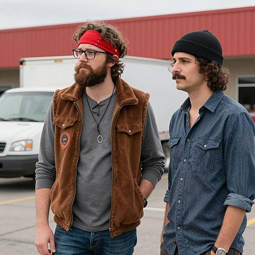 Two Stylish Men in a Commercial Setting