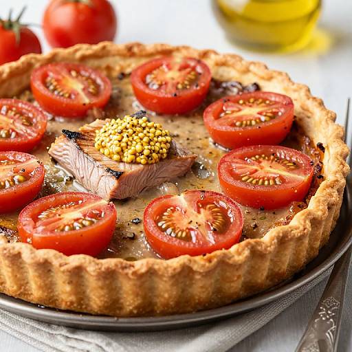 Photograph of a savory tart with a golden crust, topped with red tomato slices, a small grilled salmon piece, and black pepper, set on a