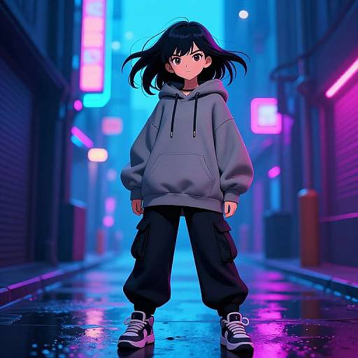 Digital anime-style drawing of a young girl with black hair, wearing a gray hoodie, black cargo pants, and white sneakers, standing in a neon-l